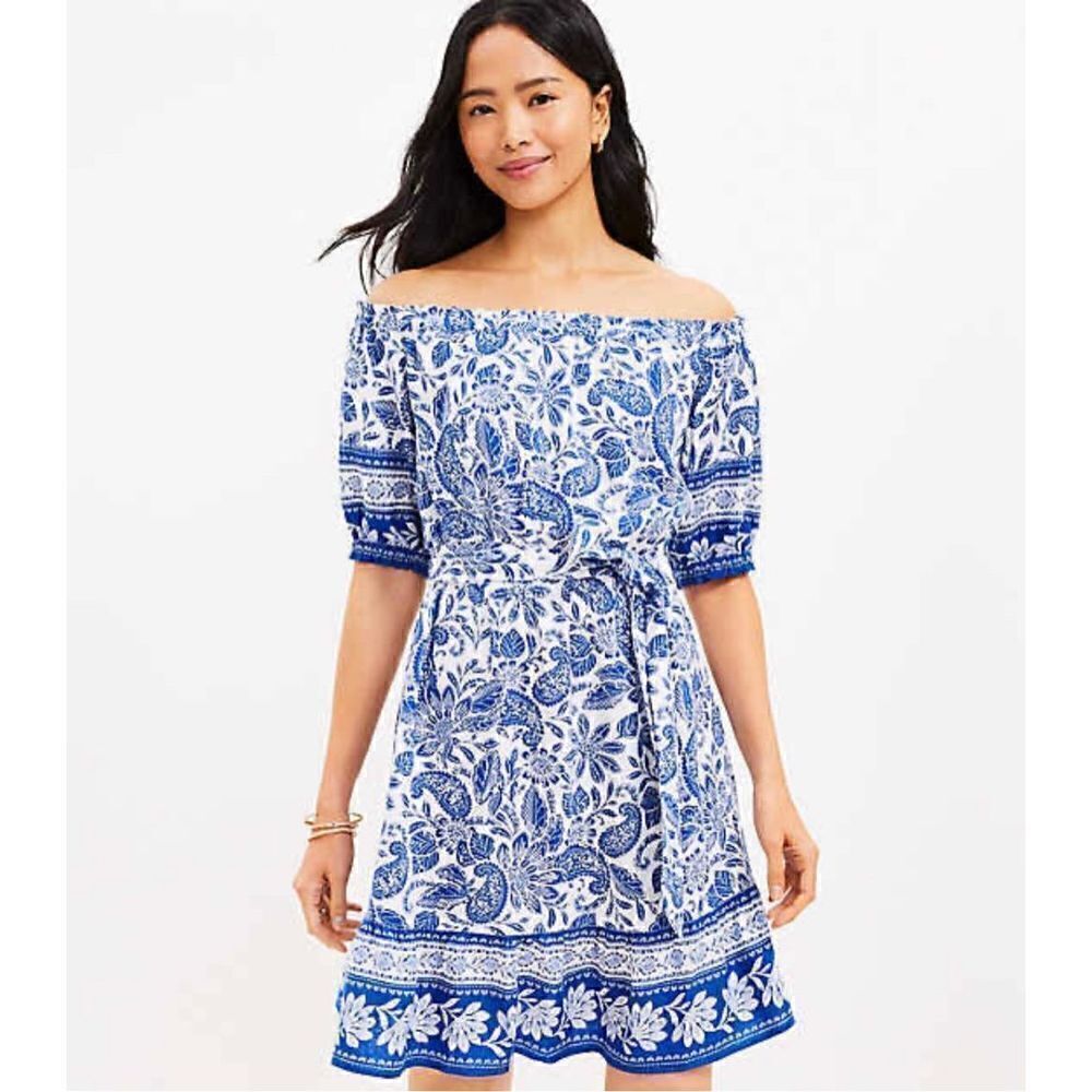 LOFT Paisley Ruffle Off The Shoulder Dress Cobalt Blue White Linen Blend